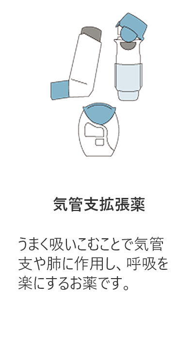 気管支拡張薬は、うまく吸いこむことで気管支や肺に作用し、呼吸を楽にするお薬です。