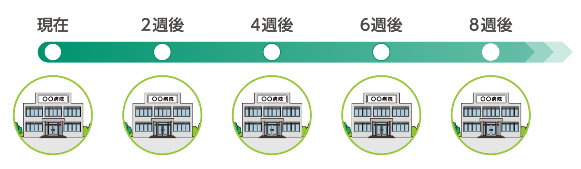 現在（通院）→2週後（通院）→４週後（通院）→６週後（通院）→８週後（通院）