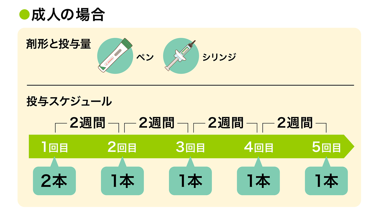 成人の投与量と投与スケジュールは、初回に600mg、その後は1回300mgを2週間隔です