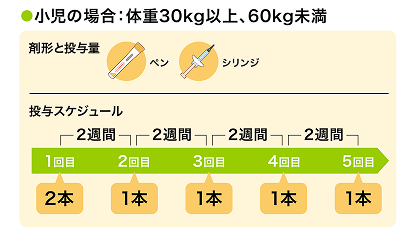 体重30kg以上60kg未満の小児の投与量と投与スケジュールは、初回400mg、その後は1回200mgを2週間隔です