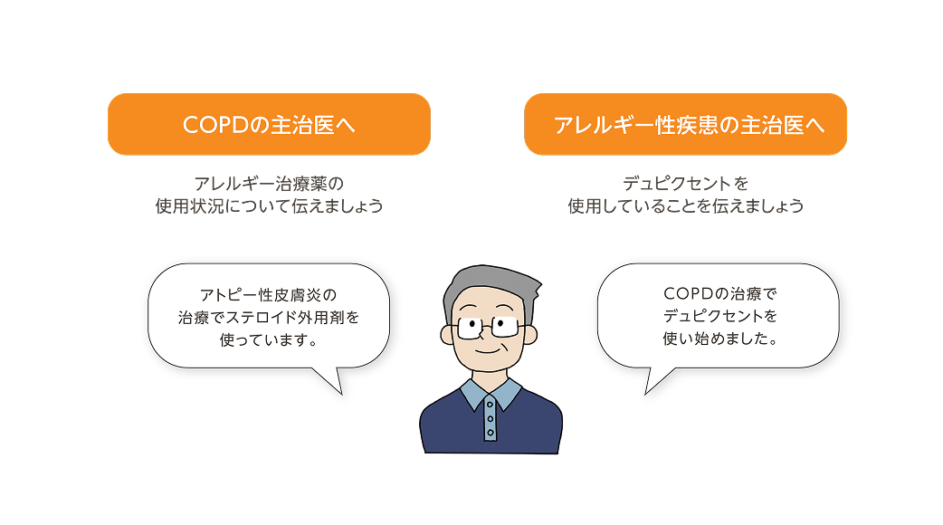 COPDの主治医と、COPD以外のアレルギー性疾患の主治医それぞれへ自身が使用している治療薬のことを伝える患者さん